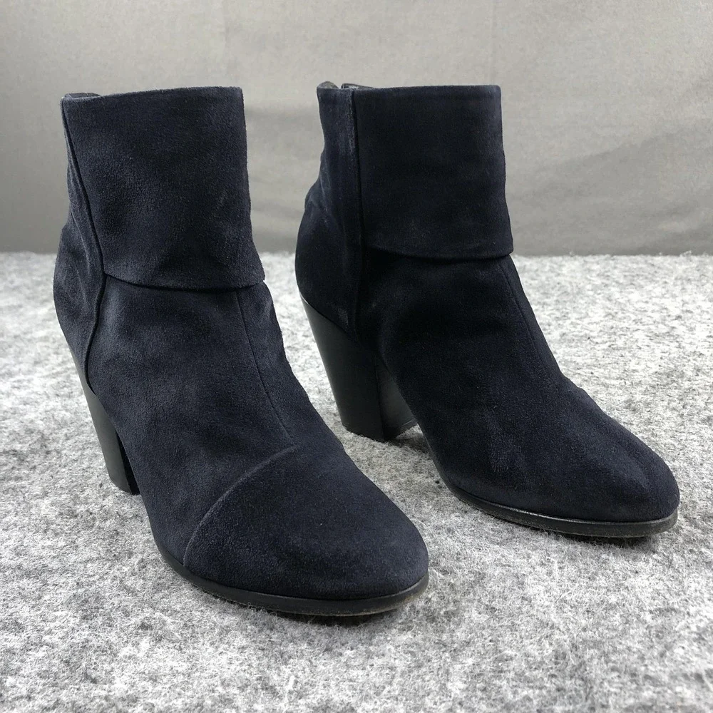 Rag & Bone Newbury 2.0 Boots Womens 9 Navy Suede Ankle Zip Block Heel Casual